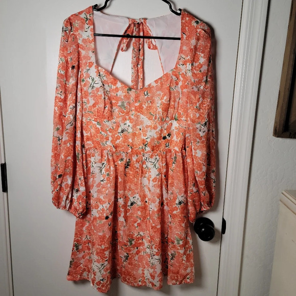 Hello Molly Orange Floral Mini Long Sleeve Cottagecore Romantic Spring Dress 4 - Picture 9 of 16